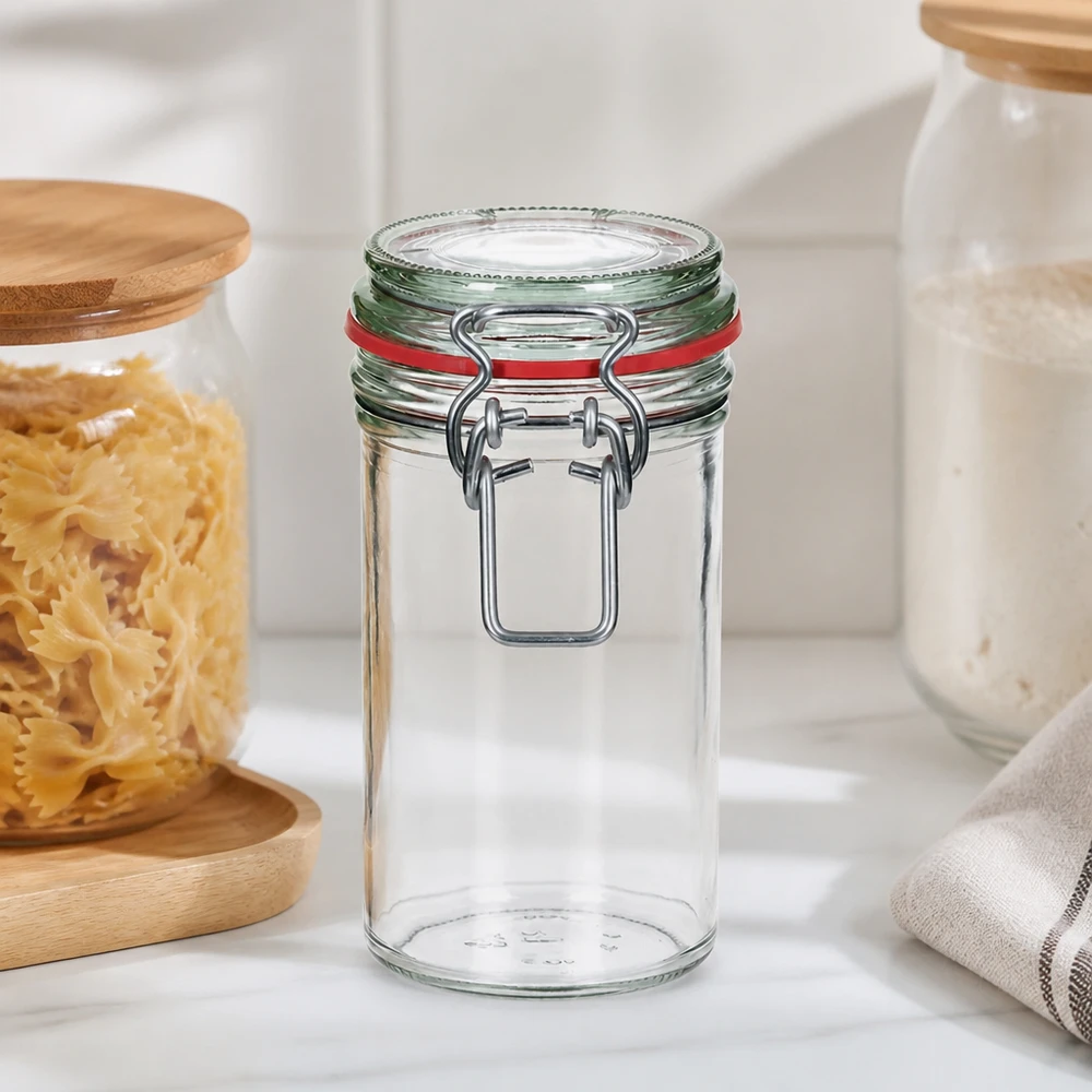 272 ml opbevaringsglas, type G, med bøjlelåg UN.. 272 ml opbevaringsglas med svingtop og rød forsegling i et moderne køkken ved siden af pasta og hvide beholdere