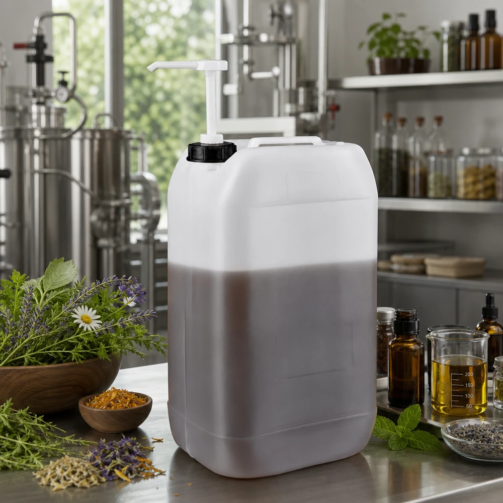 Beholder 15 liter med doseringspumpe 15-liters dunk med doseringspumpe omgivet af lægeurter, lavendel og æteriske olier i produktionen af naturkosmetik