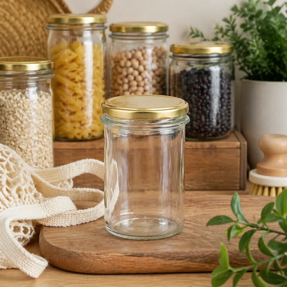 230 ml Briller med BasicSeal-låg guld UNiTWIST 230 ml glas med tomt BasicSeal-låg i guld UNiTWIST i Zero Waste-køkken med opbevaringskrukker og planter
