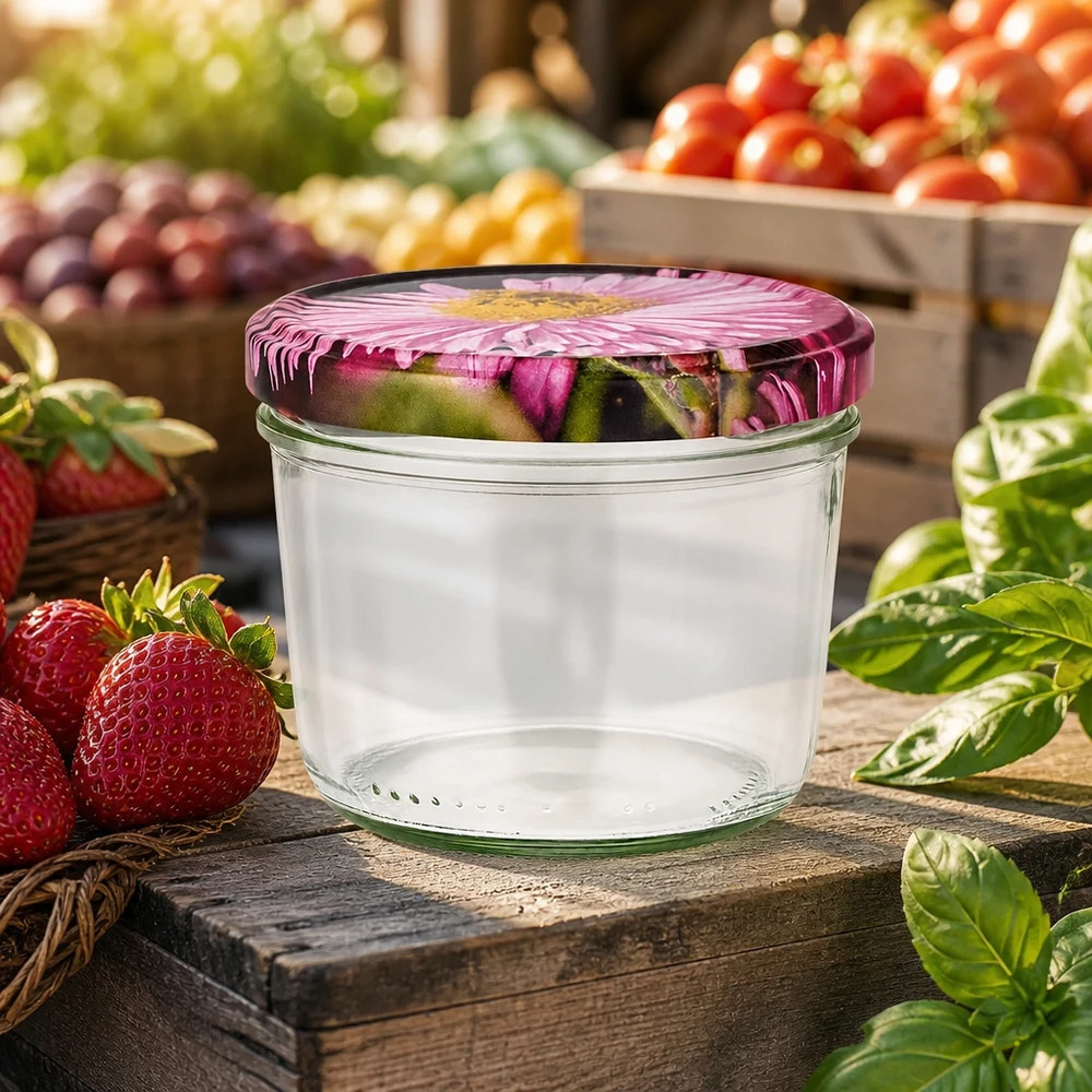 230 ml Briller + BasicSeal låg blomsterdekoration UN 230 ml glas med blomsterlåg på en træplade mellem friske jordbær og grøntsager i en markedsstemning