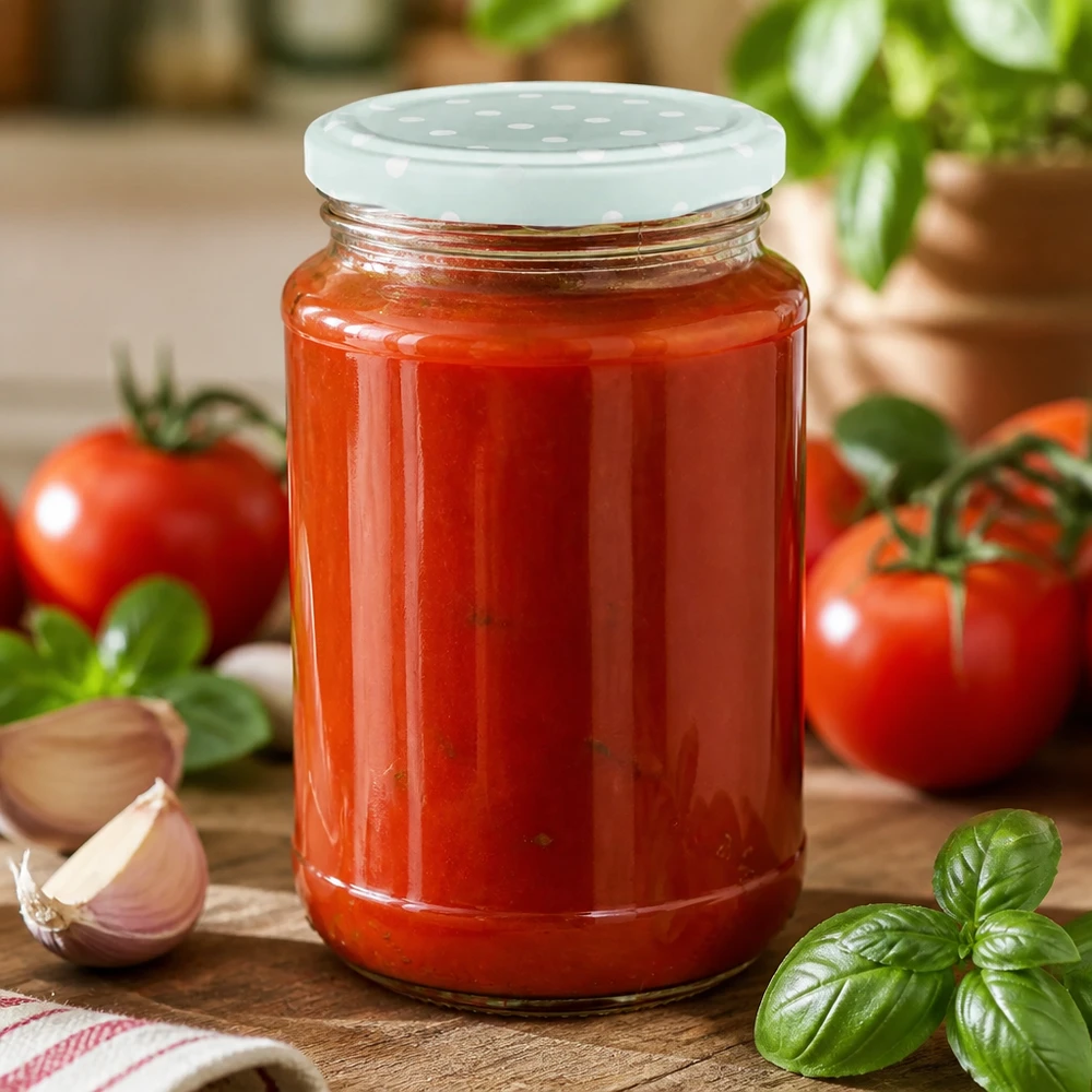 Hjemmelavet tomatsauce i et 320 ml UNiTWIST-glas med BasicSeal-låg med prikmønster i mintgrøn, mat