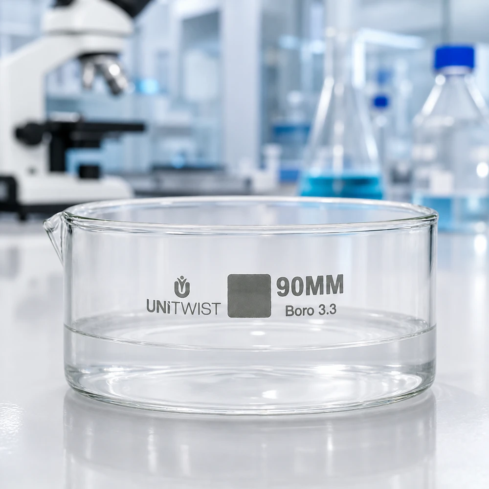 Tom krystalliseringsskål 90 mm UNiTWIST Boro 3.3 foran en laboratoriebaggrund med mikroskop og Erlenmeyer-kolbe