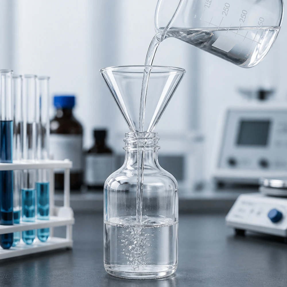 Tragt Ø 100 mm sodakalk, vinkel 60°, kort model Kortstilket laboratorietragt, 100 mm, fremstillet af robust sodakalkglas til kemiske anvendelser og analyser
