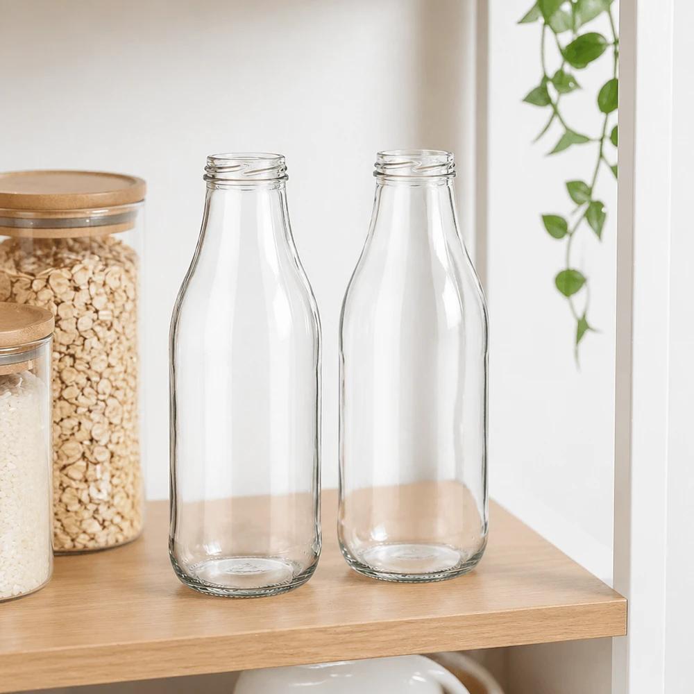 1000 ml glasflaske uden låg (TO48) UNiTWIST. Absolut lækagesikker med stor åbning. Til mælk, juice og limonade. Kræver TO48-låg 1000 ml glasflasker TO48 UNiTWIST to tomme mælkeflasker på træhylde i moderne køkken med opbevaringskrukker