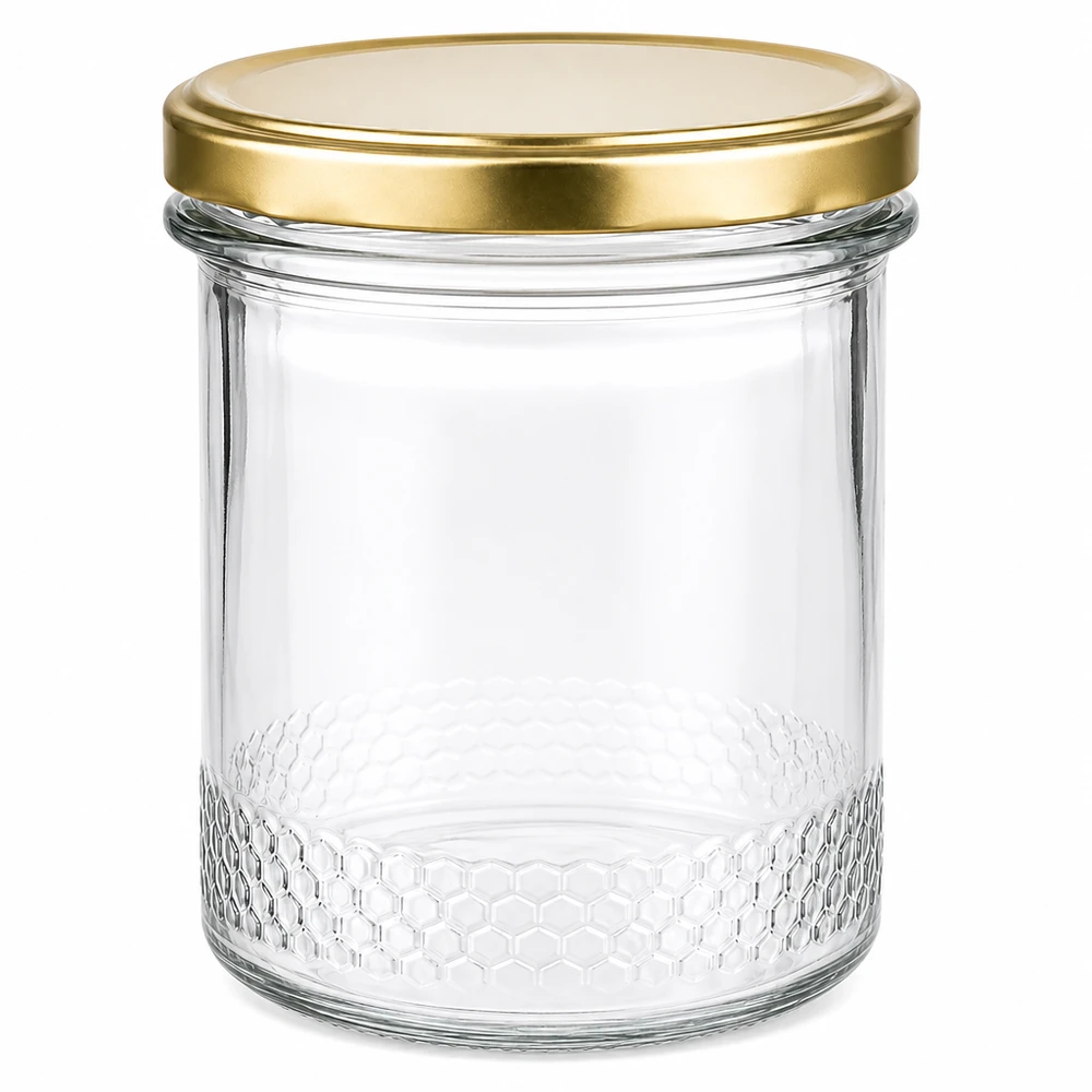 560 g honningglas med gyldent BasicSeal UNiTWIST-låg 400 ml honningkrukke tom med gyldent BasicSeal UNiTWIST-låg og honeycomb-mønster på bunden
