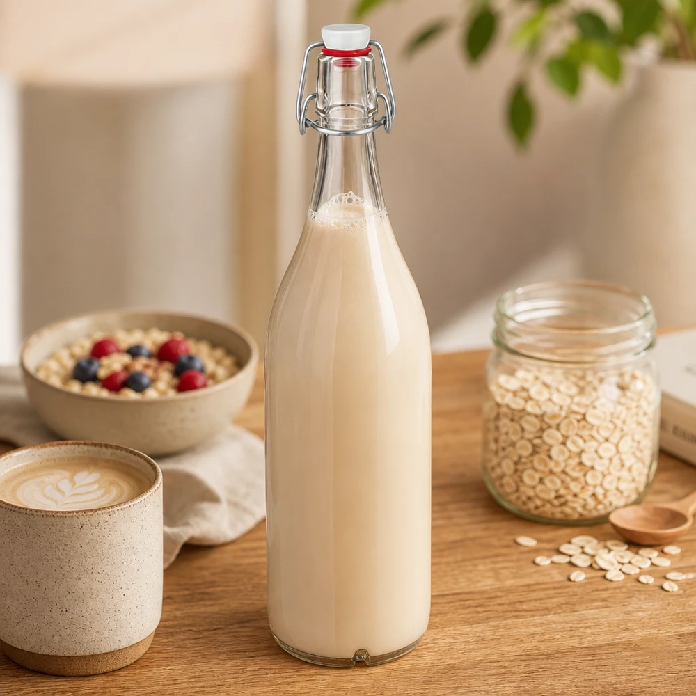 1000 ml glasflaske og hængelåg porcelæn UNiTWIST 1000 ml glasflaske med svingtop fyldt med havremælk ved siden af havregryn og morgenmadsskål på træbord