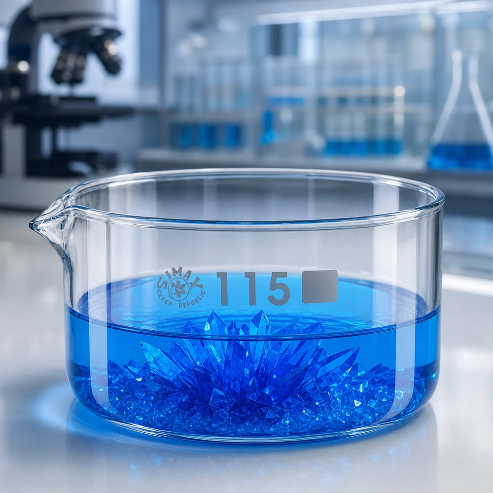 Krystalliseringsskål 500 ml med borosilikat-tud Flad glasskål på 500 ml med blå krystaller til laboratoriebrug, borosilikatglas, SIMAX, 115 mm i diameter