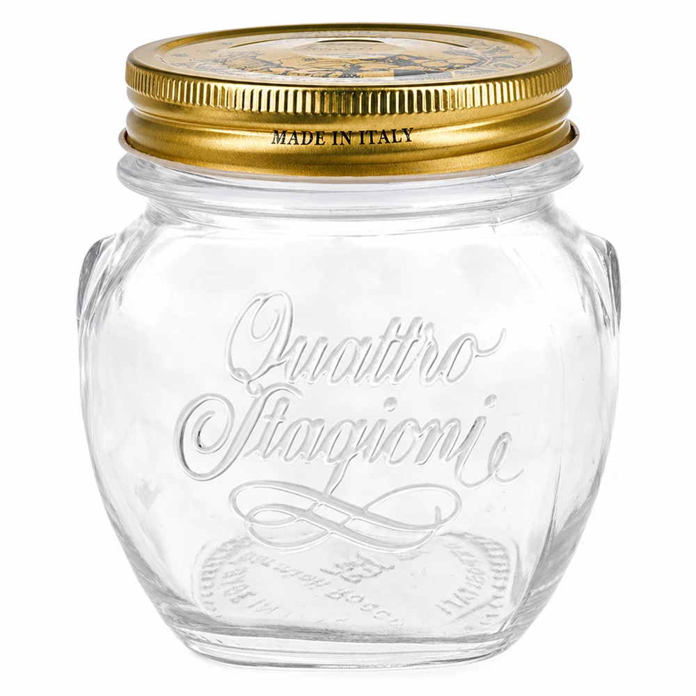 300 ml rundt glas "Quattro Stagioni" med låg 300 ml rund krukke Quattro Stagioni med gyldent låg Made in Italy konserveringskrukke gennemsigtig tom
