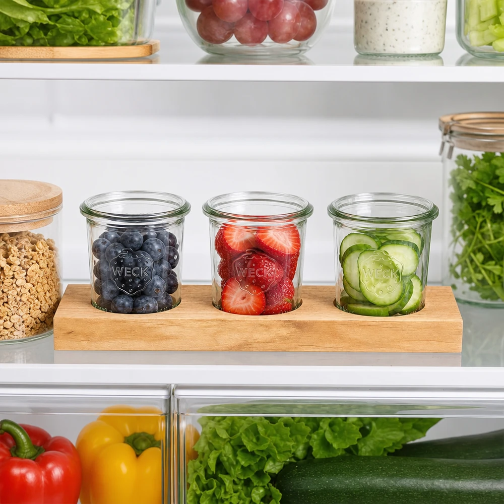 Serveringsbræt Plano3 med 3 Weck-glas med skruelåg, 140 ml Serveringsbakke Plano3 med WECK-glas 140 ml i køleskabet fyldt med blåbær, jordbær og agurk