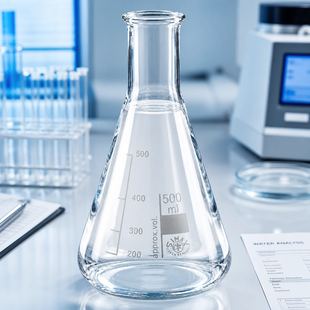 Erlenmeyer-kolbe 500 ml med smal hals Transparent 500 ml Erlenmeyer-kolbe med smal hals og graduering til præcist laboratoriearbejde