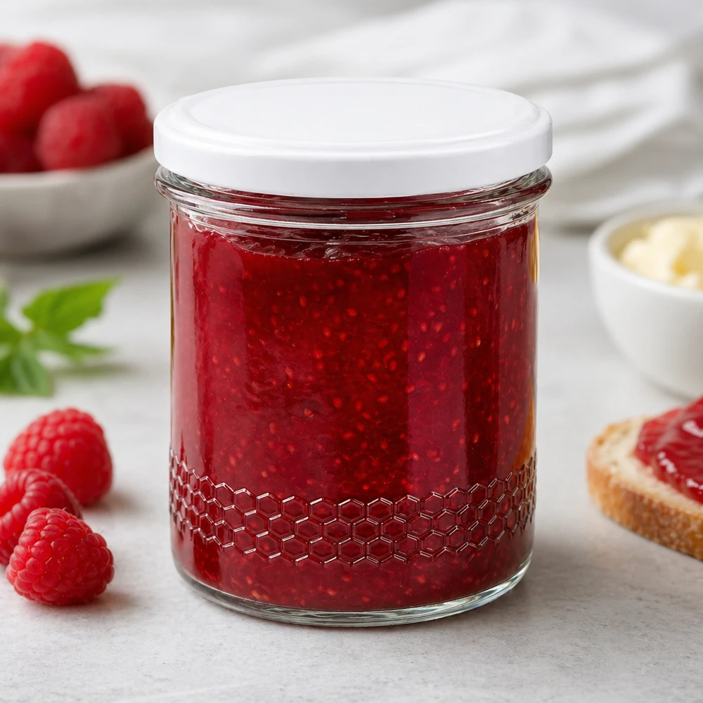 560 g honningglas med hvidt BasicSeal UNiTWIST-låg 400 ml honningglas som syltetøjsglas til hindbærmarmelade fyldt med rød marmelade morgenmadsscene BasicSeal-låg hvid