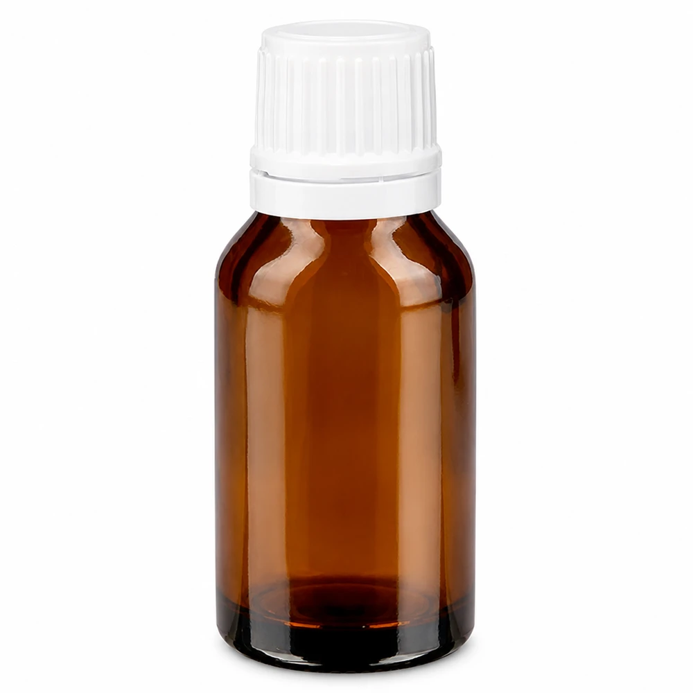 Apoteksflaske brun 15 ml skruelåg hvid OV Brun apoteksflaske på 15 ml med hvid originalitetslukning af brunt glas