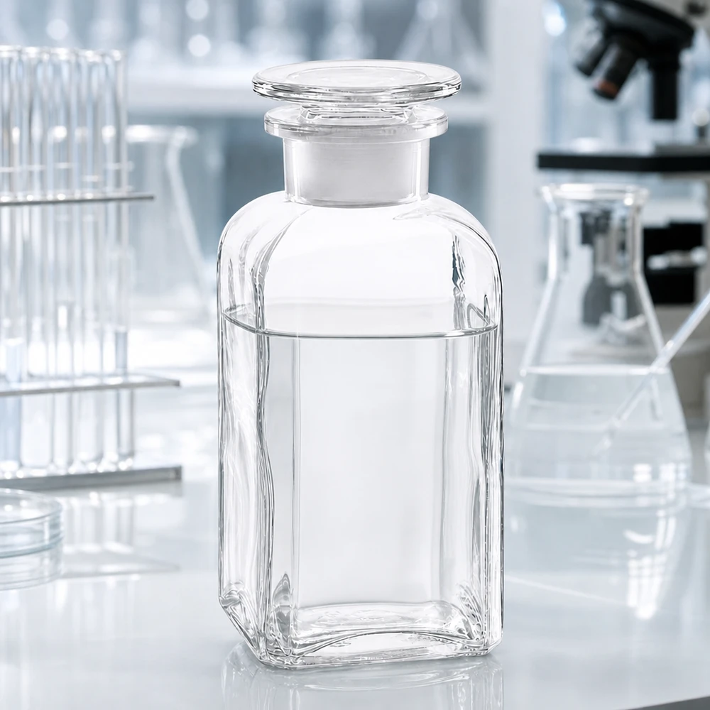 Firkantet flaske 350 ml klar glasprop med bred hals Laboratorieflaske 350 ml, firkantet, bred hals, glasprop, klar, til kemiske reagenser