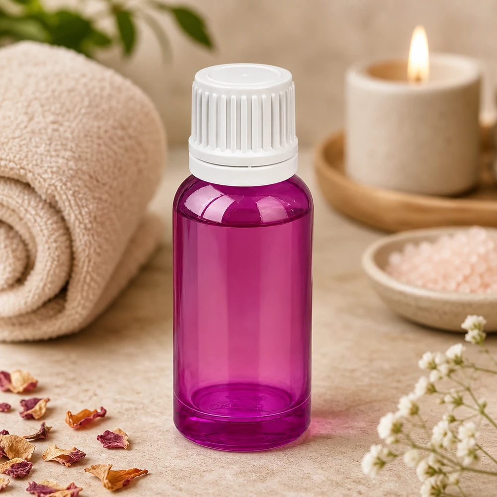 20 ml dråbeflaske 0,7 mm hvid Originality skruelåg PurpleLine UT18/20 Lilla dråbeflaske 20 ml af robust plast med hvidt skruelåg til flydende kosmetik