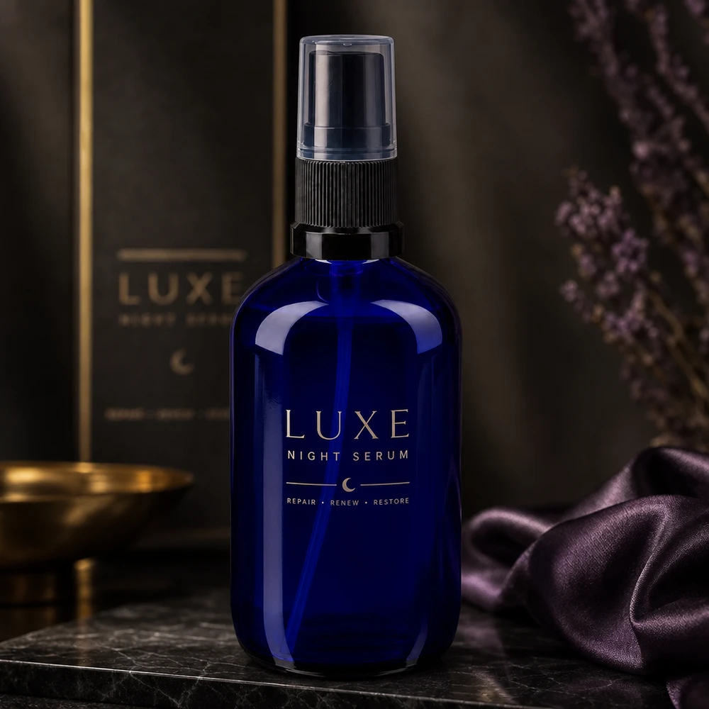 Apotekerflaske blå 100 ml spraytilbehør sort Luksuriøs 100 ml blå glasflaske med sprayhoved i sort på marmor med silke og tørrede blomster