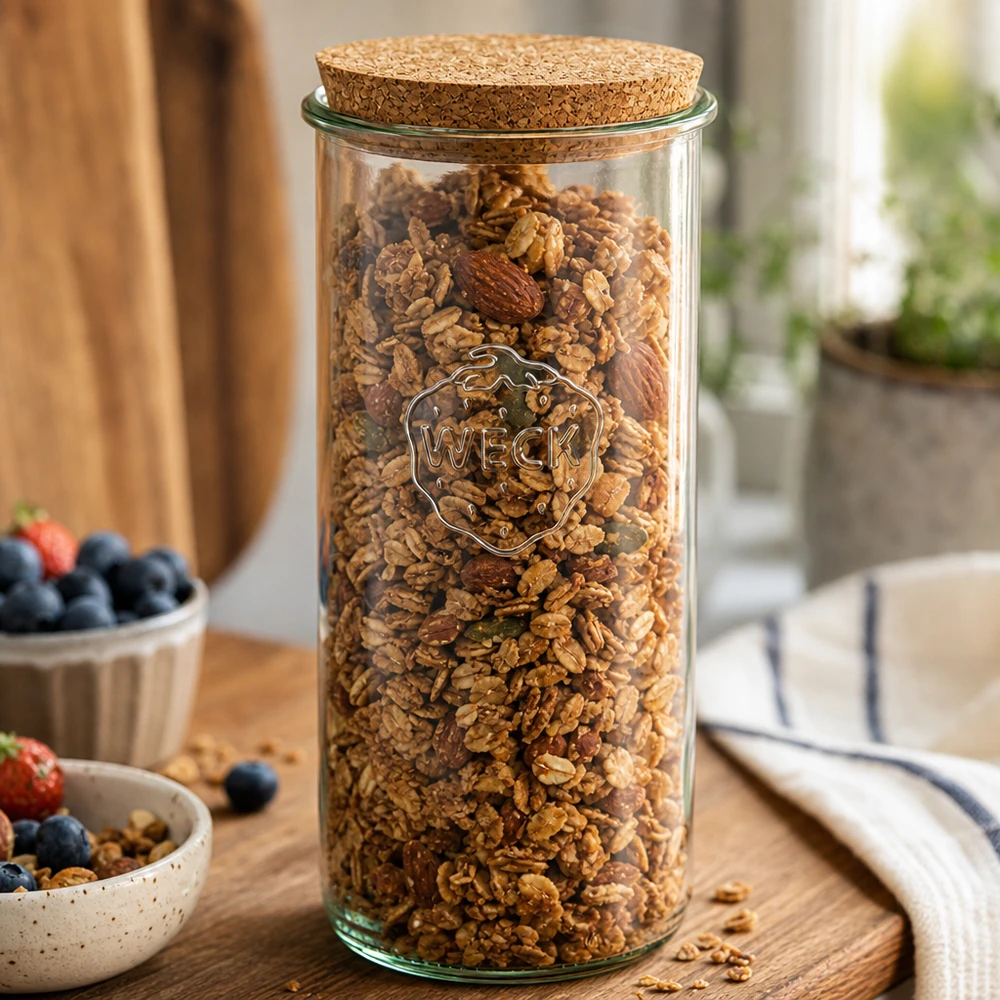 1500 ml Briller WECK RR100 med kork natur WECK glas 1500 ml fyldt med müsli nødder kork låg køkken scene træbord morgenmad opbevaring