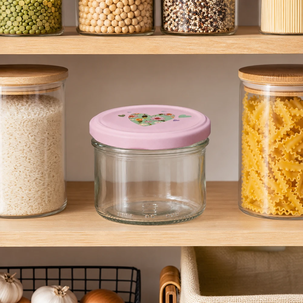 230 ml cylinderformet krukke + BasicSeal-låg, hjerterosa 230 ml cylinderglas med lyserødt hjerteformet låg i et organiseret spisekammer mellem pasta og ris, ideelt til at organisere køkkenet.