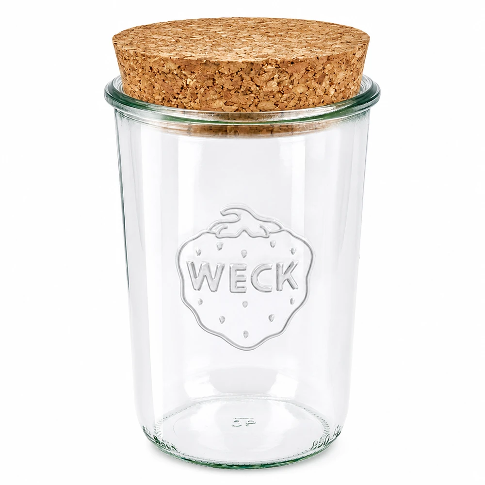 850 ml Briller WECK RR100 med kork natur WECK tumblekrukke 850 ml RR100 med naturligt korklåg konserveringskrukke opbevaringskrukke gennemsigtig