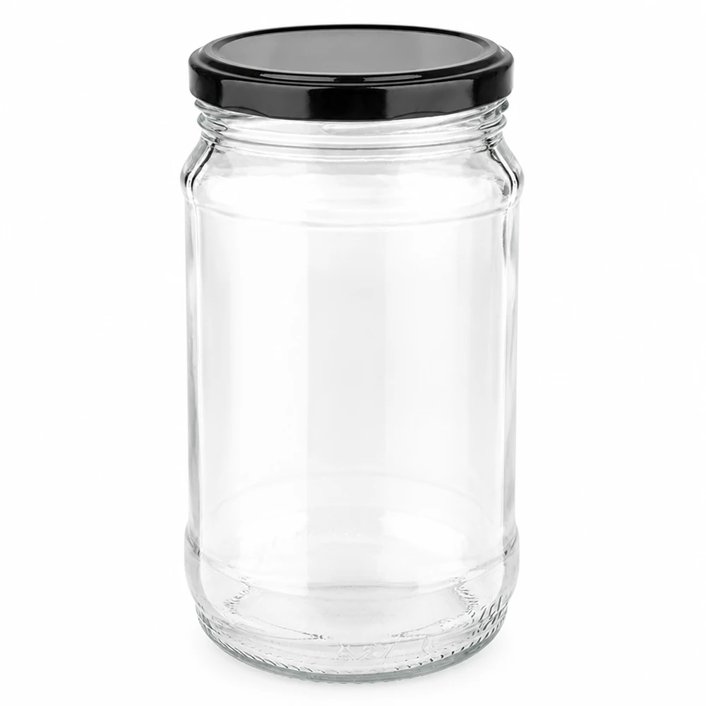 370 ml rundt glas + BasicSeal sort UNiTWIST 370 ml rundt glas med sort BasicSeal-låg fra UNiTWIST, tomt og gennemsigtigt på hvid baggrund