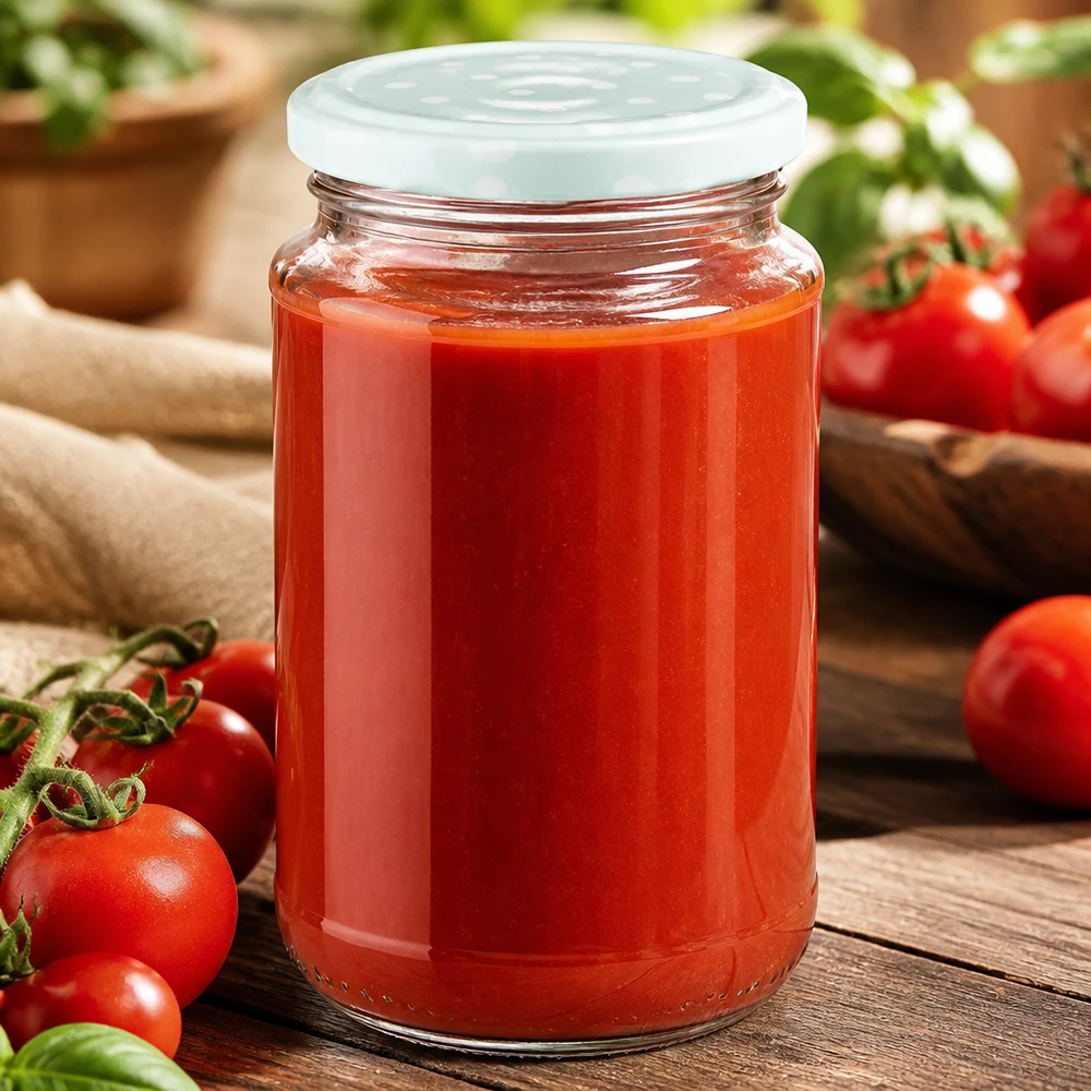 320 ml rundt glas + BasicSeal-prikker, mint, mat, UNiTWIST Tomatsauce i et 320 ml rundt UNiTWIST-glas med BasicSeal-låg med prikmønster i mat mintfarve og friske tomater