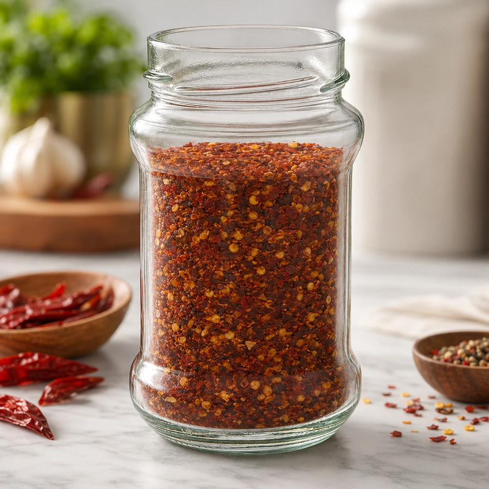 UNiTWIST Runda390 - Rund krukke med en kapacitet på 390 ml TO66deep Rund krukke 390 ml fyldt med chilikrydderiblanding UNiTWIST Runda390 TO66dyb glaskrukke til køkken og opbevaring