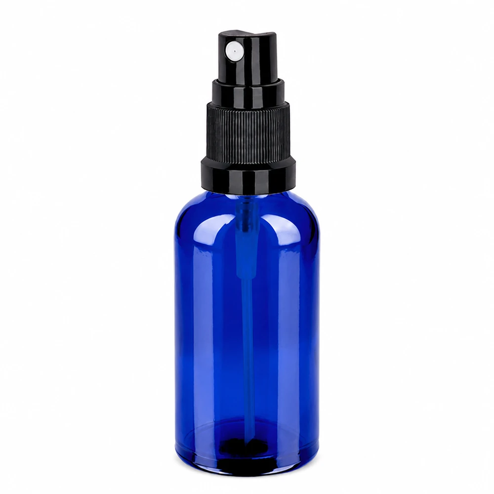 50 ml sprayflaske sort STD BlueLine UT18/50 Blå glassprayflaske 50 ml med sort pumpesprøjte til præcis dosering af væsker