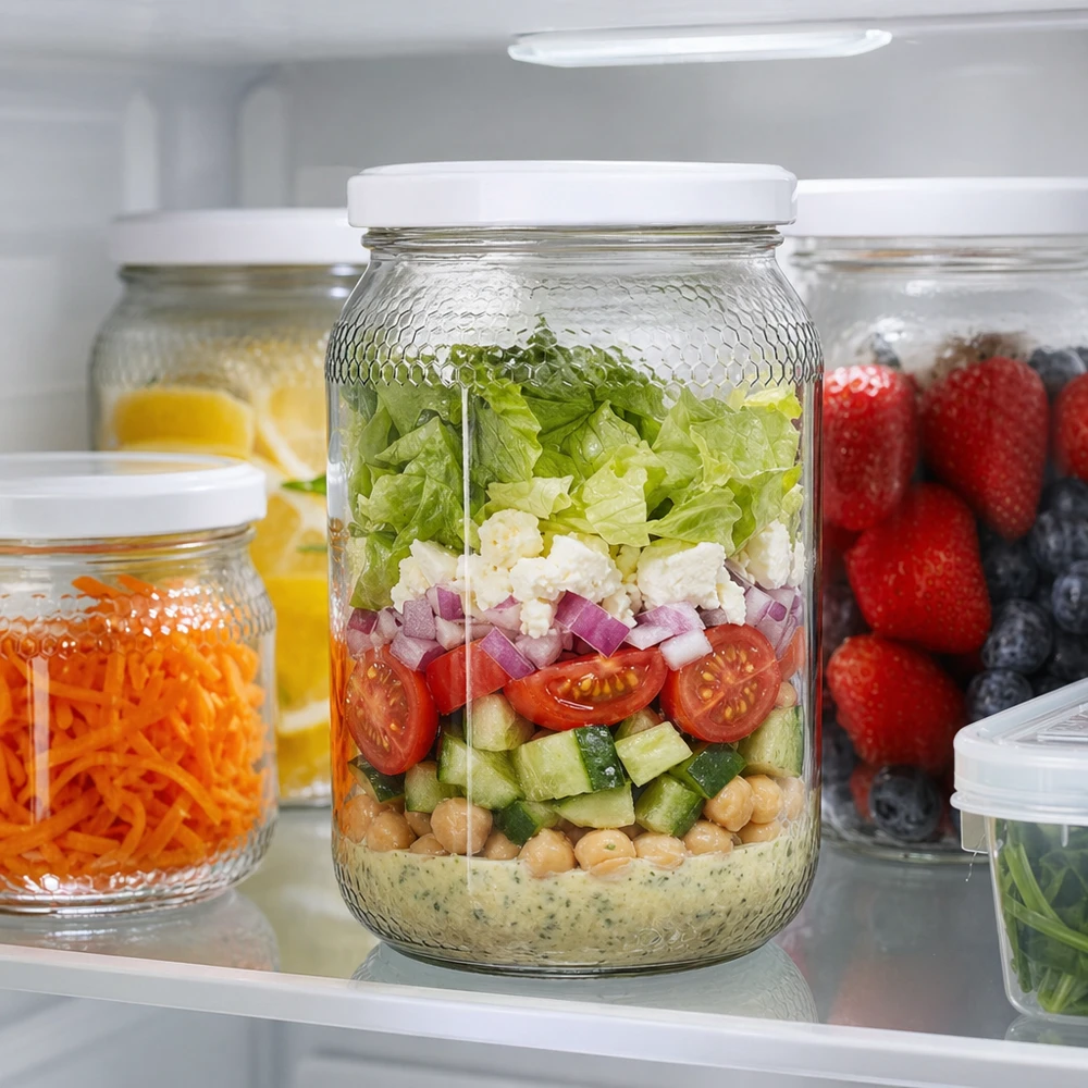 1260 g honningglas med hvidt BasicSeal UNiTWIST-låg Honningkrukke 900 ml som måltidsklar salatkrukke i køleskabet fyldt med lagdelt salat BasicSeal-låg UNiTWIST