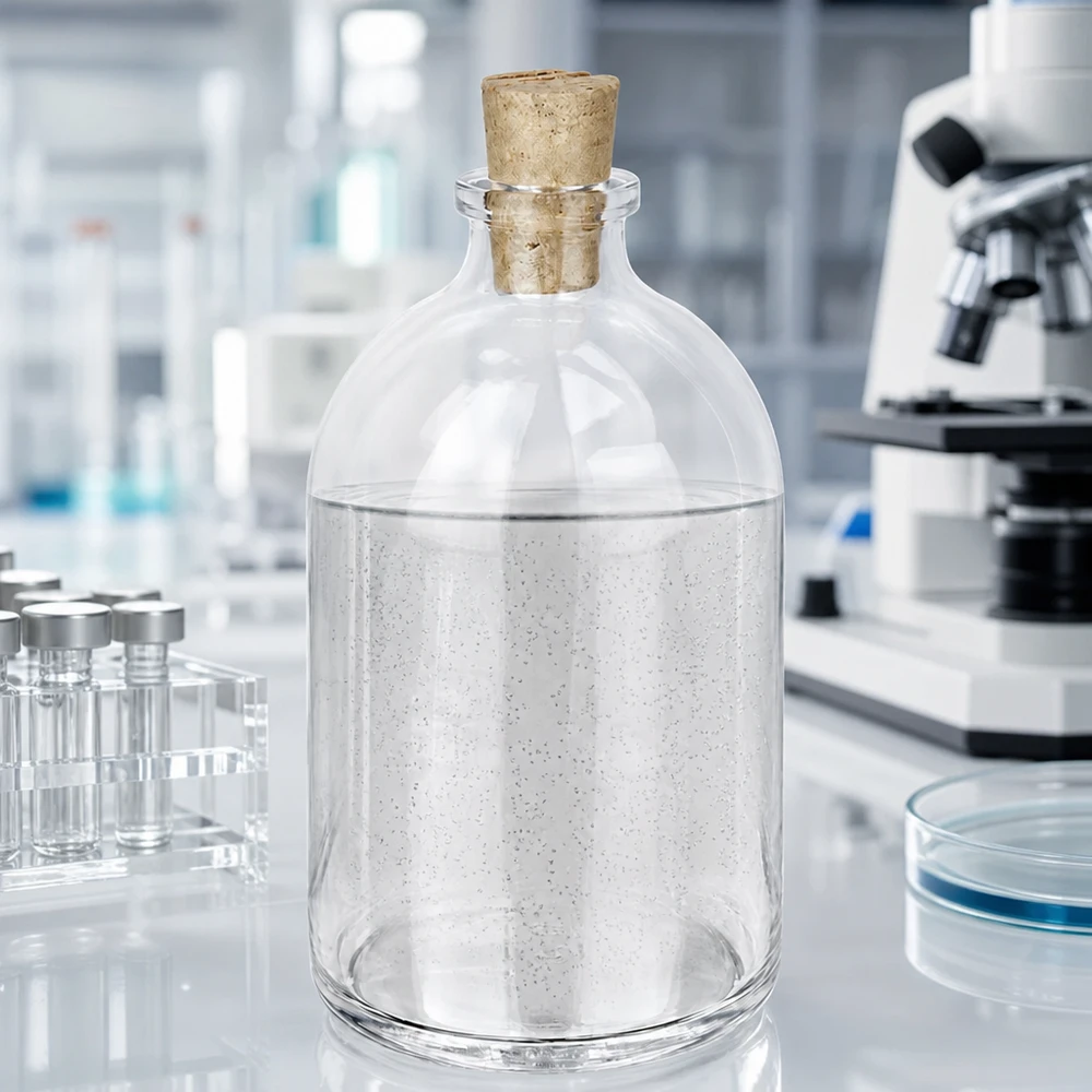 Flaske i klart glas 100 ml med kork 11/14 mm Verschlossene Klarglasflasche 100ml mit Korken 11/14mm und milchig weißem Laborinhalt