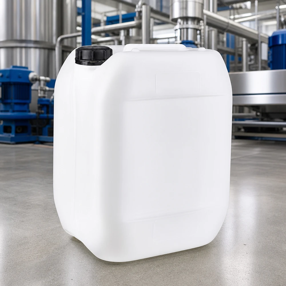 Industrikanister på 10 liter, hvid, med børnesikret skruelåg til kemiske væsker
