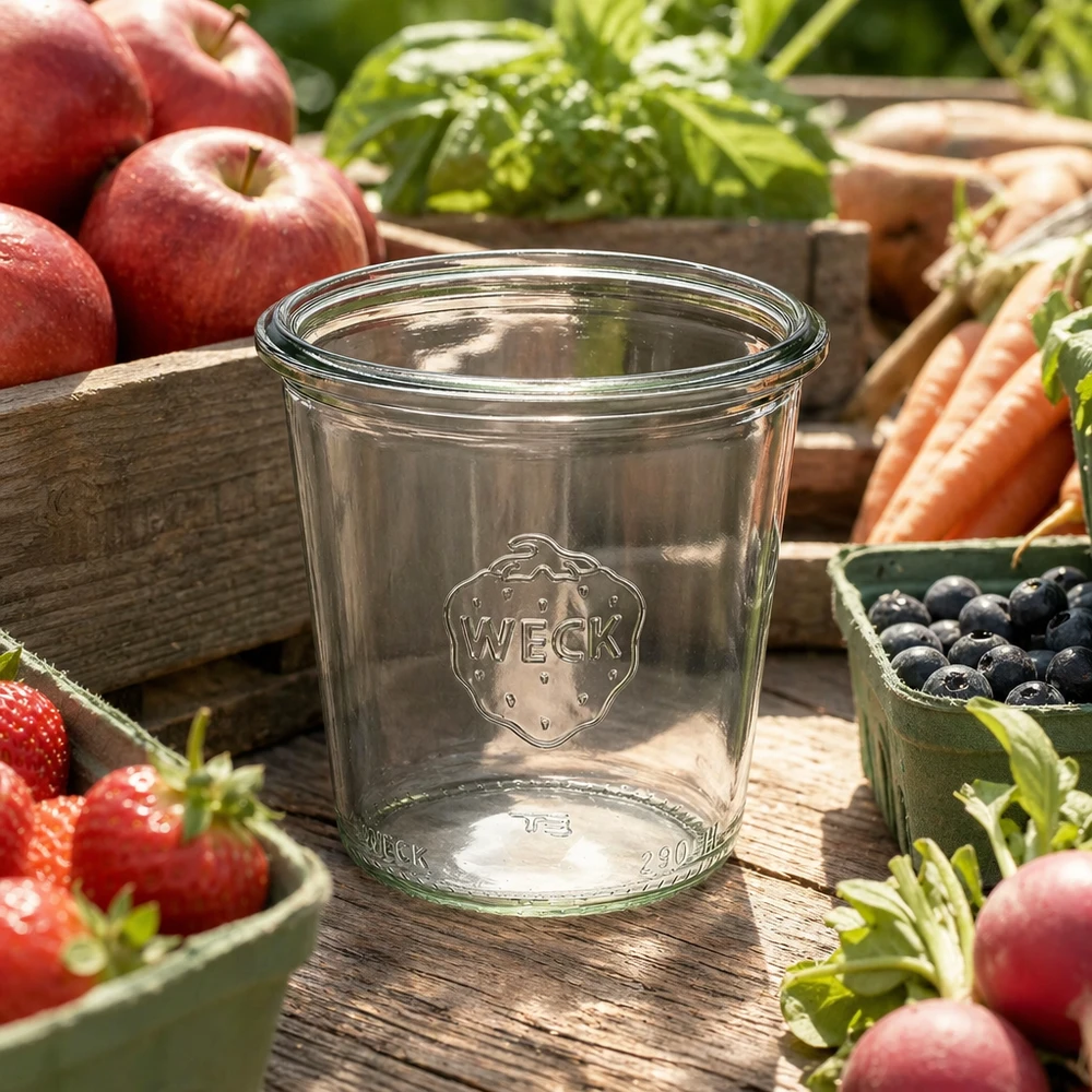 290 ml højt glas med skrå kant, WECK RR80 WECK glas 290ml RR80 høj lavet af glas med logo omgivet af frisk frugt og grøntsager på et træbord
