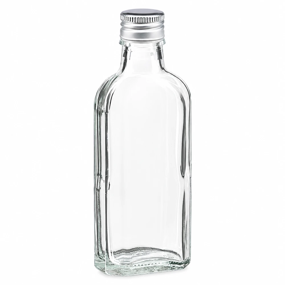 100 ml Meplat-glasflaske, klar, med sølvfarvet aluminiumslukke PP22 til likør og olier