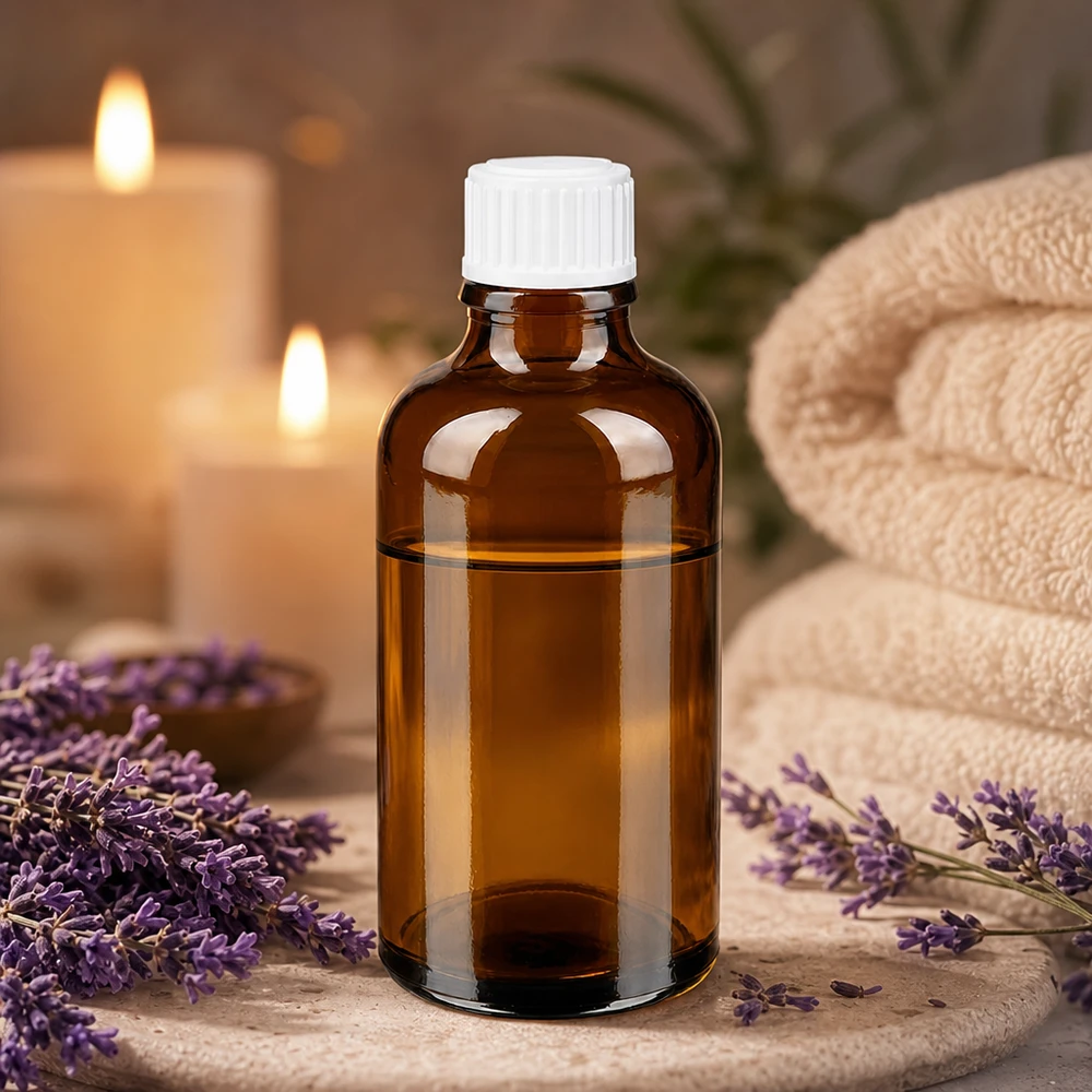 Apoteksflaske brun 50ml skruelåg hvid pc Ravfarvet apotekerflaske på 50 ml med hvidt dråbehoved foran lavendelblomster og stearinlys