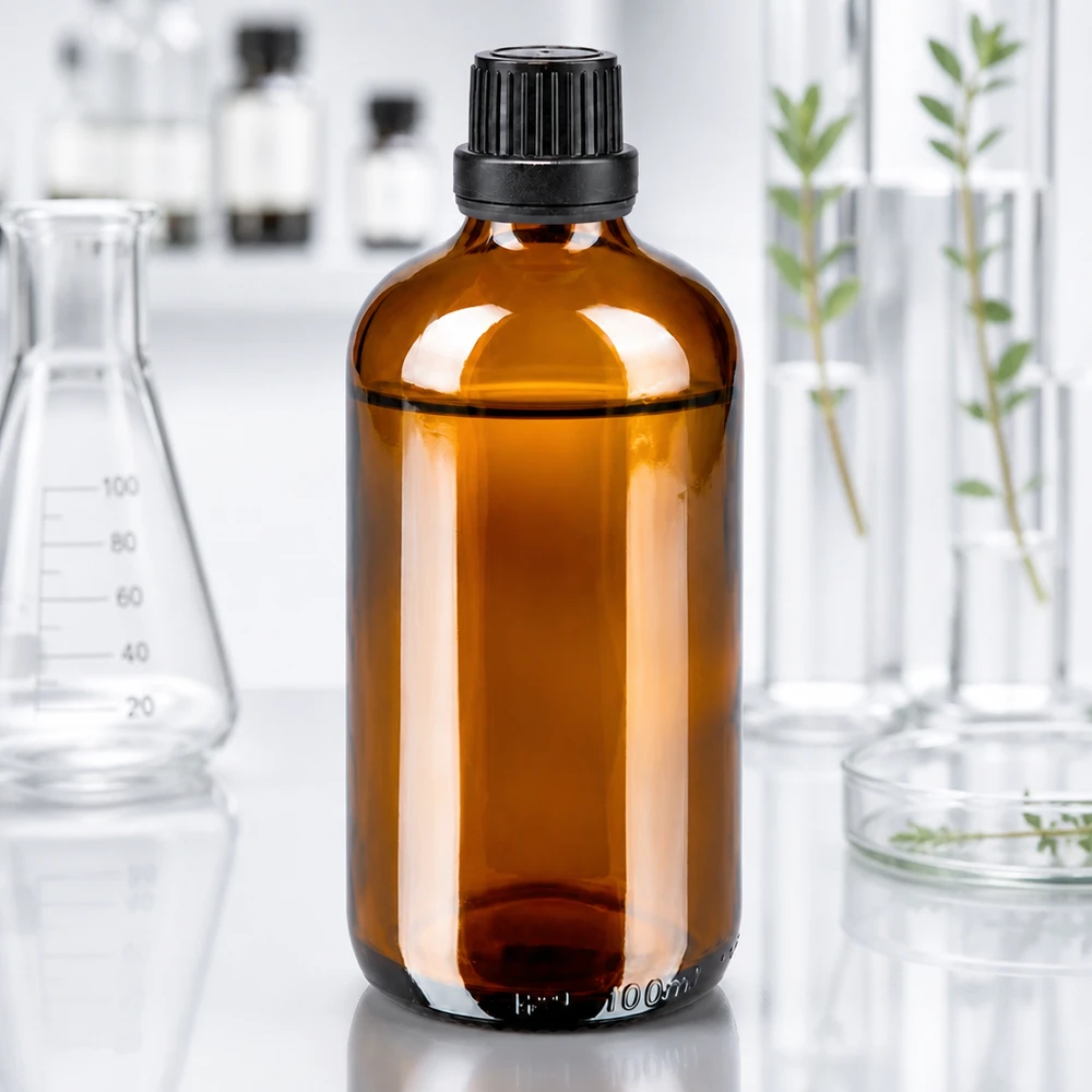 100 ml brun glasflaske med sort skruelåg i laboratoriet mellem Erlenmeyer-kolber og reagensglas