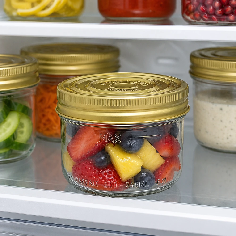 Le Parfait® Familia Wiss 200 g Ø82 mm glas 245 ml Familia Wiss-glas med guldlåg fyldt med frugt, der står i køleskabet