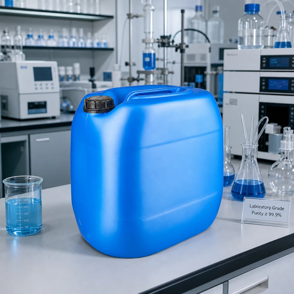 30 liters blå dunk med skruelåg OV 30-liters laboratoriebeholder, blå med sort OV-lukning, på et hvidt laboratoriebord ved siden af et bægerglas