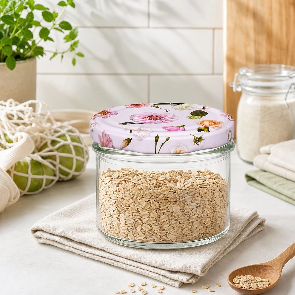 225 ml væltet glas + BasicSeal låg Blume rosa UNiTWIST Haferflocken in 225ml Sturzglas mit rosa Blumendeckel - praktische Küchendeko für Müsli und Getreide Aufbewahrung