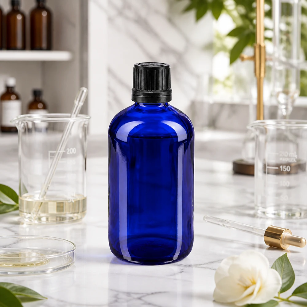 Blå 100 ml apotekerflaske med sort 8 mm originalprop i laboratoriemiljø