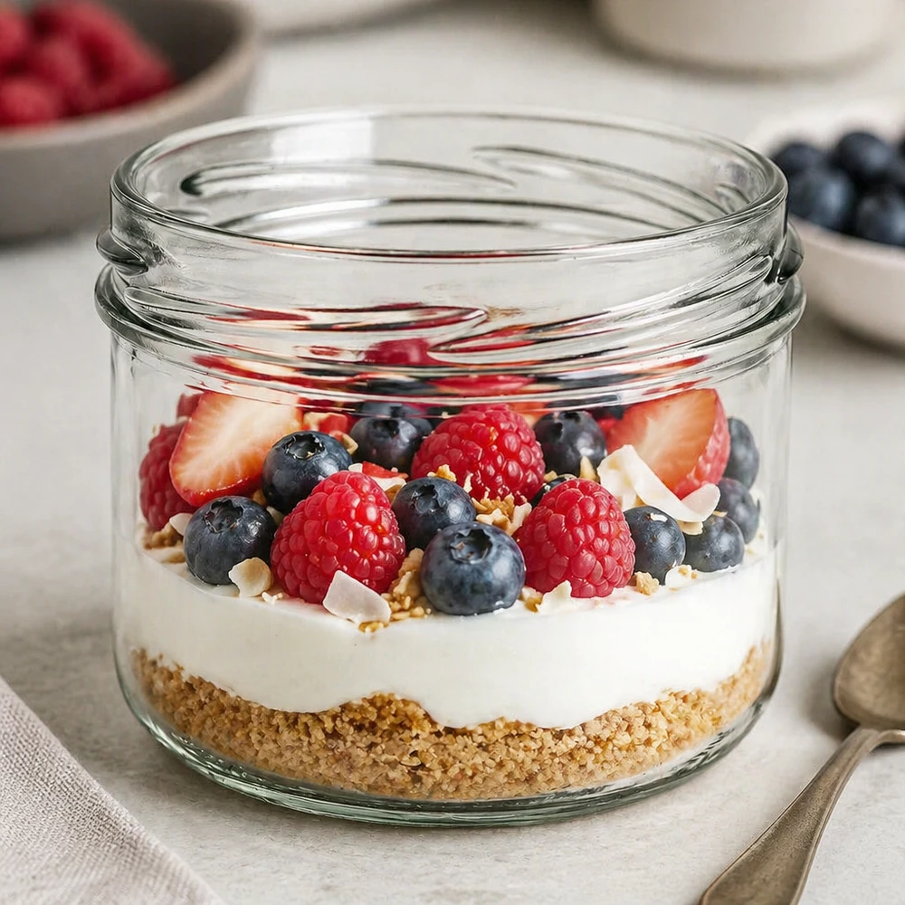 UNiTWIST Sturz260 - Rundt glas med en kapacitet på 260 ml TO82 UNiTWIST Sturz260 rundt glas 260 ml TO82 fyldt med yoghurt, bær og müsli som en dessert i et glas Produktbillede