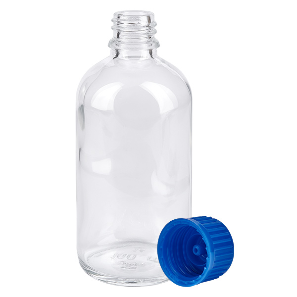 100 ml flaske 11 mm SV blå STD ClearLine UT18/100 ClearLine UT18 100 ml flaske af klart glas med blå børnesikring, 11 mm SV