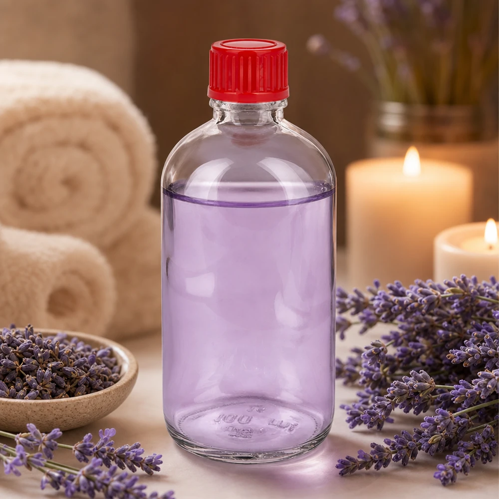 100 ml flaske 11 mm SV rød STD ClearLine UT18/100 100ml Glasflasche UT18/100 roter Kunststoffverschluss 11mm SV gefüllt mit lila ätherischem Öl Lavendel