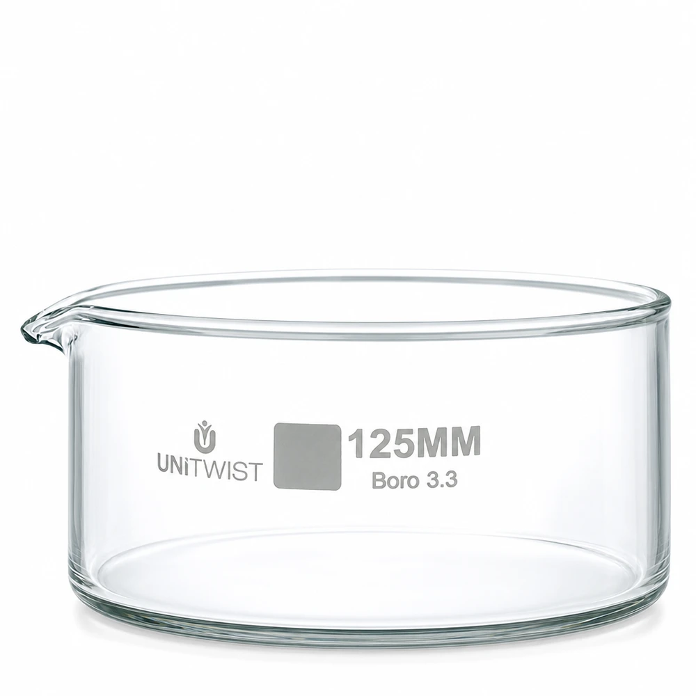 Krystalliseringsskål 125 mm, borosilikatglas, UNiTWIST, med tud, gennemsigtig og cylindrisk form