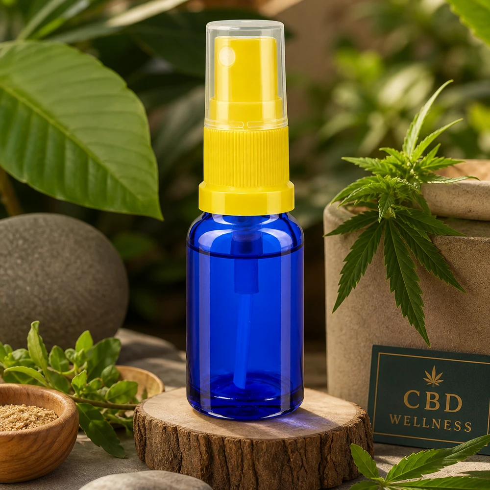 Blå 30 ml ApoGlas-forstøver med gul sprøjtehoved mellem cannabisplanter og natursten