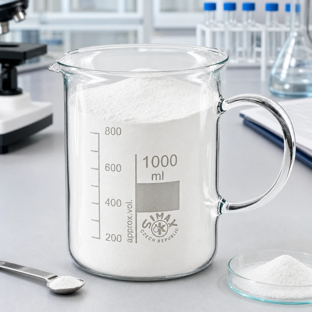 Bæger 1000 ml borosilikatglas, med håndtag Et 1000 ml bægerglas fyldt med hvidt pulver ved siden af en petriskål og en ske i laboratoriet