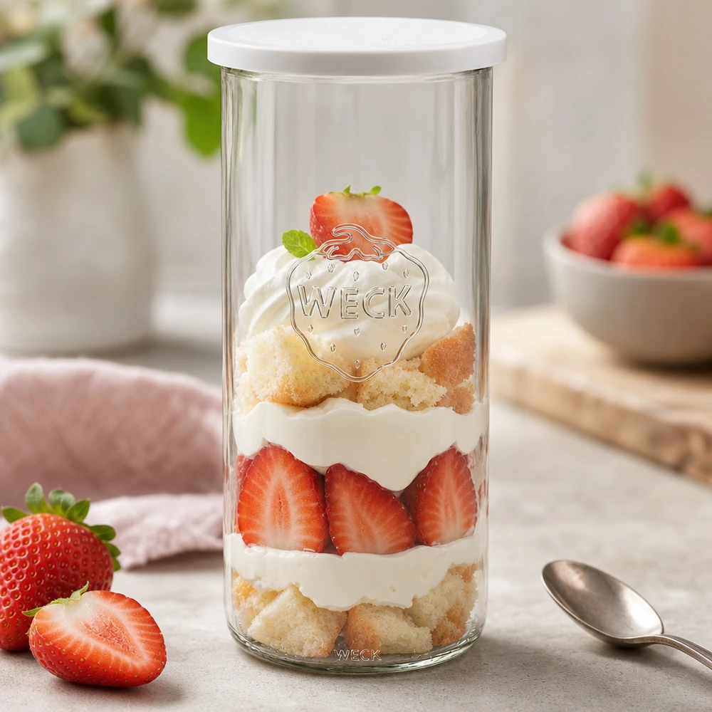 1500 ml Briller med friskhedslåg WECK RR100 WECK 1500 ml RR100-krukke fyldt med jordbærdessert viser alsidig brug som desserttallerken med ske