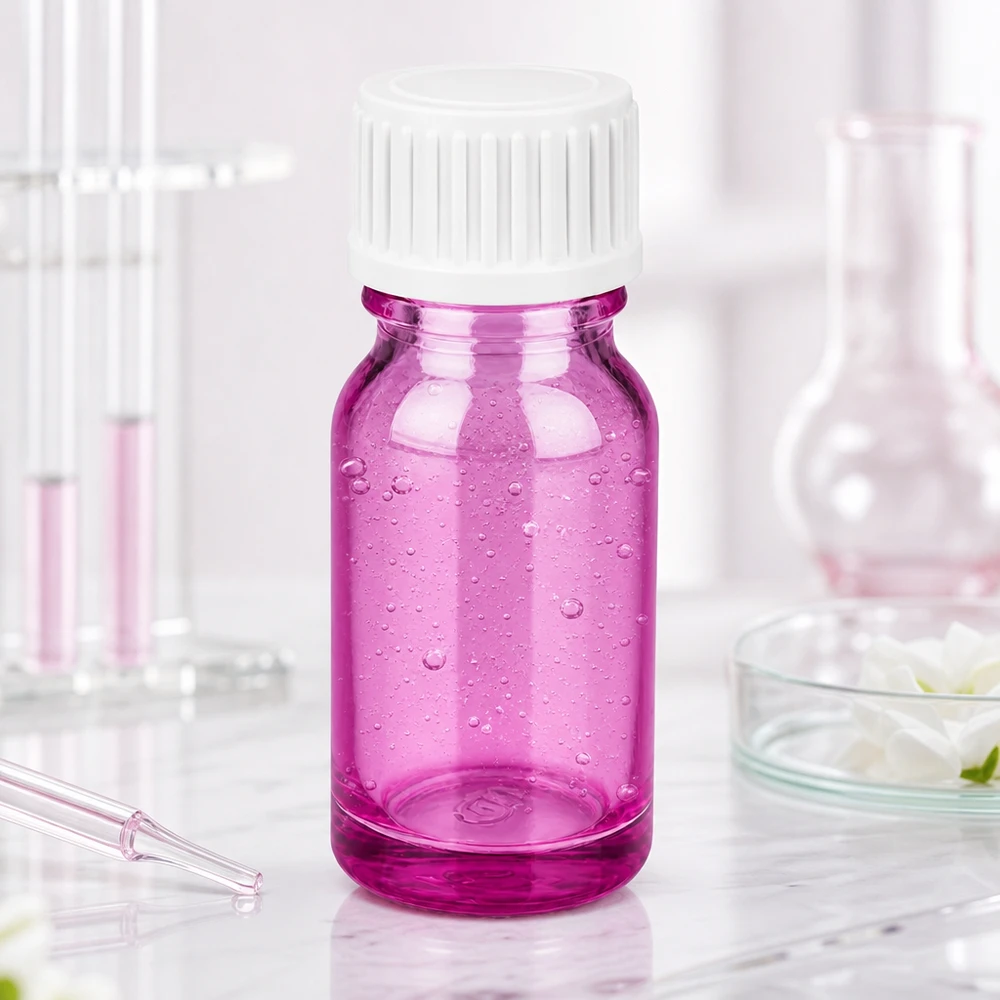 10 ml (kugle) flaske. 3 mm hældering hvid standard PurpleLine. UT18/10 Violet 10 ml glasflaske med 18 mm gevind, ideel til laboratorie- og farmaceutiske anvendelser