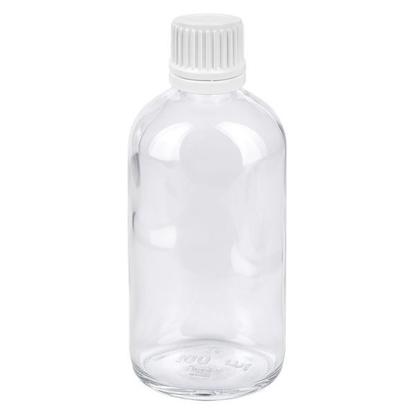 100 ml dråbeflaske 0,7 mm hvid OV ClearLine UT18/100 Gennemsigtig glasflaske på 100 ml med hvid sikkerhedskapsler til dråber og lægemidler