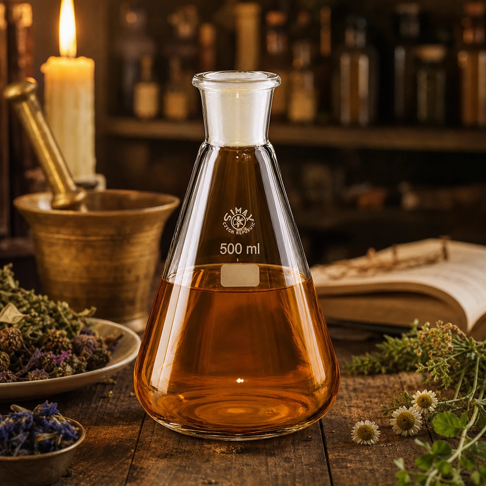 Erlenmeyer-kolbe 500 ml med standard slebet led (29/32) Ravfarvet opløsning i gennemsigtig Erlenmeyer-kolbe 500 ml med NS 29/32 slebet samling