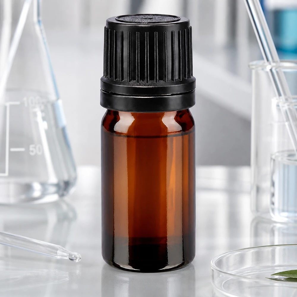 Apoteksflaske brun 5ml skruelåg sort hæld. OV 5 ml brun glasflaske med sort skruelåg i laboratoriemiljøet sammen med en Erlenmeyer-kolbe