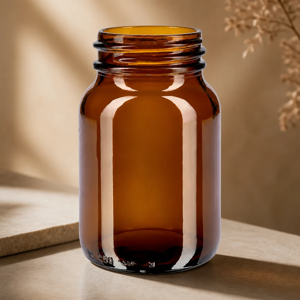 250 ml flaske med bred hals, ravfarvet glas 250 ml flaske med bred hals lavet af ravfarvet glas af høj kvalitet for optimal lysbeskyttelse af indholdet