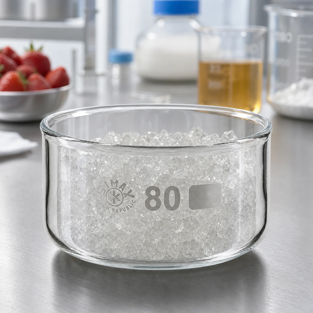 Krystalliseringsskål 150 ml uden tud borosilikat SIMAX-krystalliseringsskål på 150 ml med hvide granulatkorn på en arbejdsflade af rustfrit stål i laboratoriet